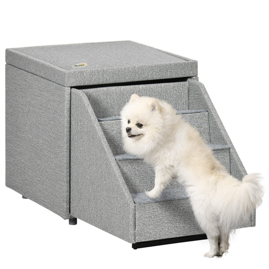 PawHut 2-in-1 Cat & Dog Steps for Bed Living Room Storage & Footrest Cat & Dog Stairs for Small and Medium Dogs Pet Steps Storage Ottoman Cat Stairs for Old Cats and Large Cats Light Gray