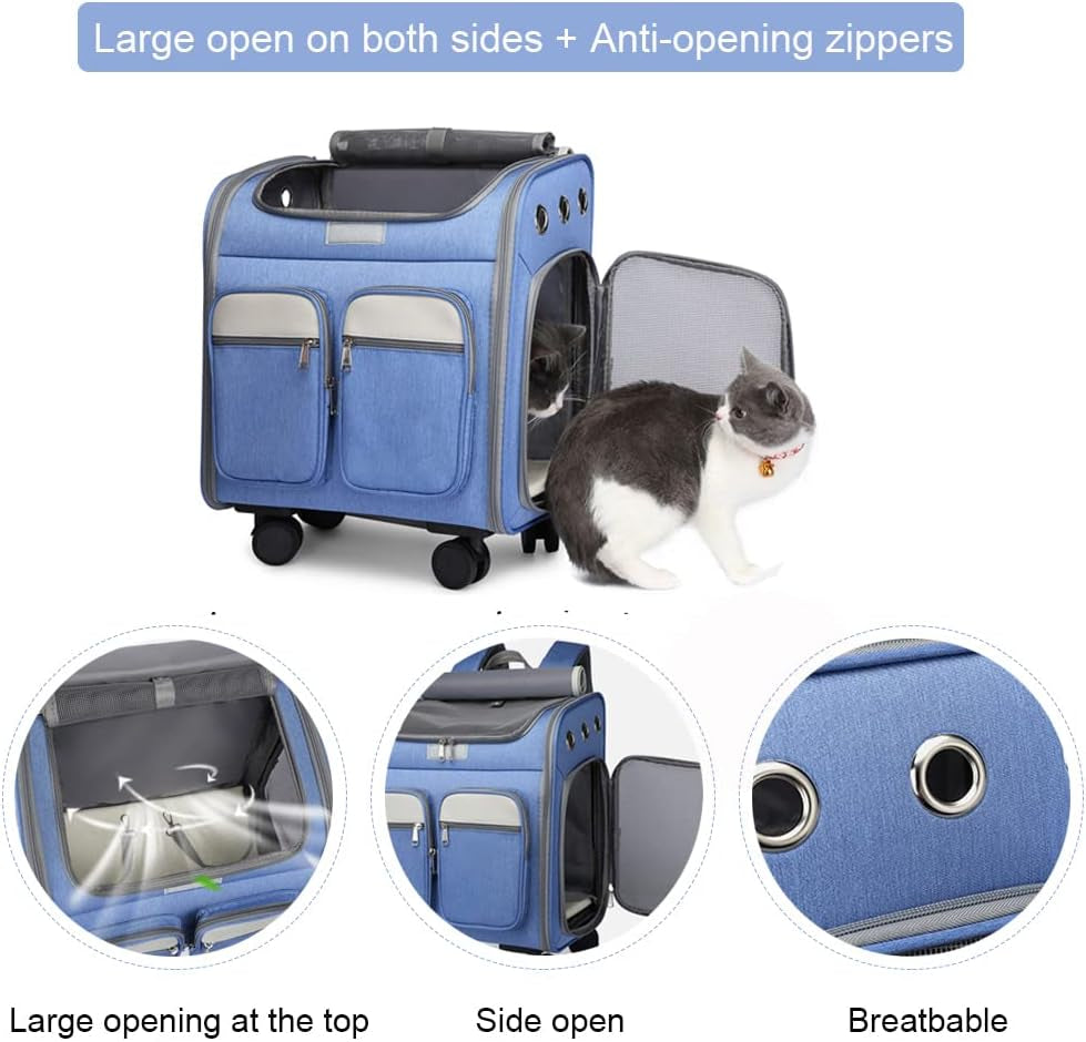 Wheeled Pet Carrier Backpack Pet Stroller, Travel Carrier, Car Seat for Small Dogs Cats Puppies, Comfort Cat Backpack Removable Rolling Wheels – Mesh Ventilation Windows (Large Blue)