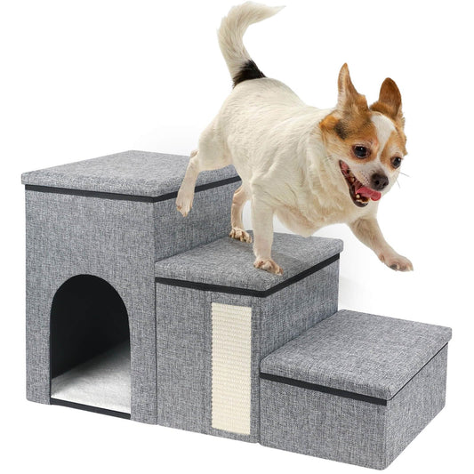 petizer Dog Stairs for Small Dogs Foldable Pet Stairs for Couch/Bed with Storage Box Condo and Cat Scratcher Adjustable Non-Slip Dog Steps for Puppy Cats or Small Dog (3-Step17" H)