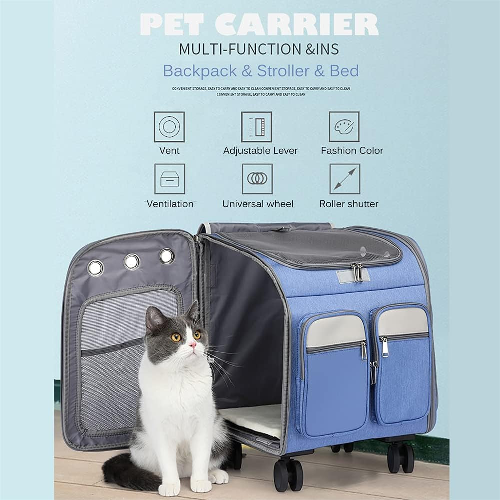 Wheeled Pet Carrier Backpack Pet Stroller, Travel Carrier, Car Seat for Small Dogs Cats Puppies, Comfort Cat Backpack Removable Rolling Wheels – Mesh Ventilation Windows (Large Blue)