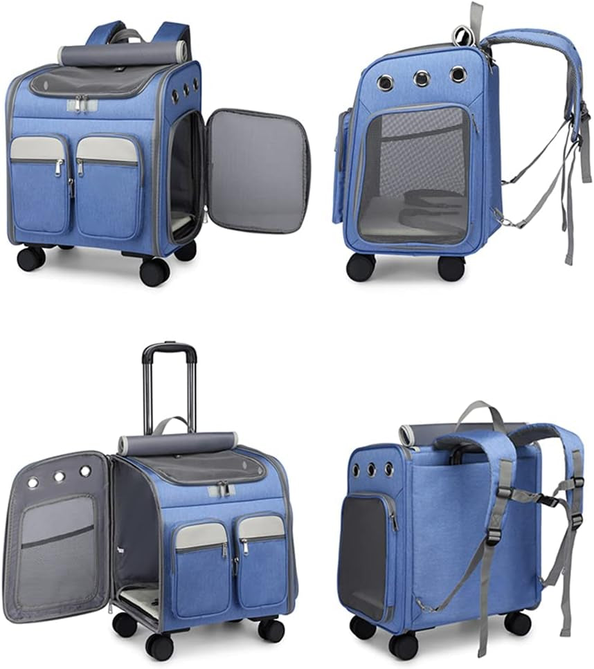 Wheeled Pet Carrier Backpack Pet Stroller, Travel Carrier, Car Seat for Small Dogs Cats Puppies, Comfort Cat Backpack Removable Rolling Wheels – Mesh Ventilation Windows (Large Blue)
