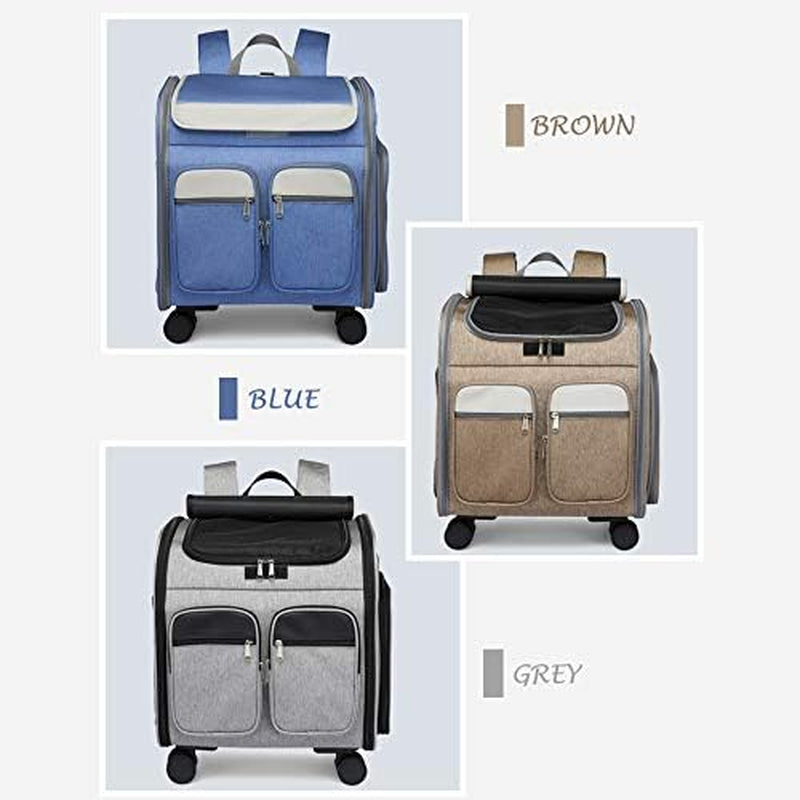 Wheeled Pet Carrier Backpack Pet Stroller, Travel Carrier, Car Seat for Small Dogs Cats Puppies, Comfort Cat Backpack Removable Rolling Wheels – Mesh Ventilation Windows (Large Blue)