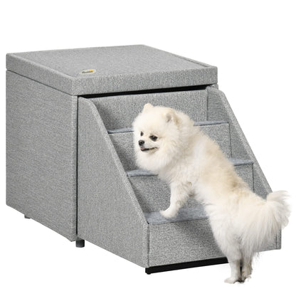 PawHut 2-in-1 Cat & Dog Steps for Bed Living Room Storage & Footrest Cat & Dog Stairs for Small and Medium Dogs Pet Steps Storage Ottoman Cat Stairs for Old Cats and Large Cats Light Gray