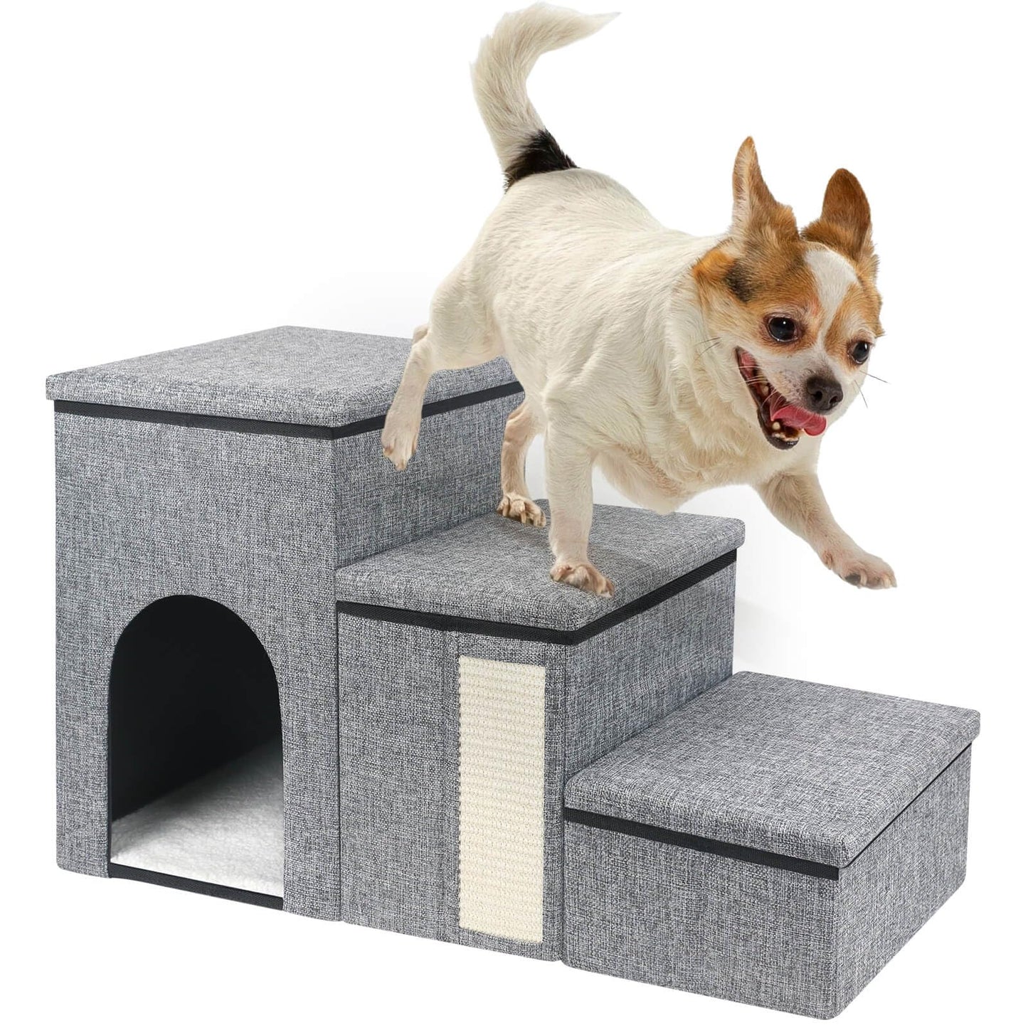 petizer Dog Stairs for Small Dogs Foldable Pet Stairs for Couch/Bed with Storage Box Condo and Cat Scratcher Adjustable Non-Slip Dog Steps for Puppy Cats or Small Dog (3-Step17" H)