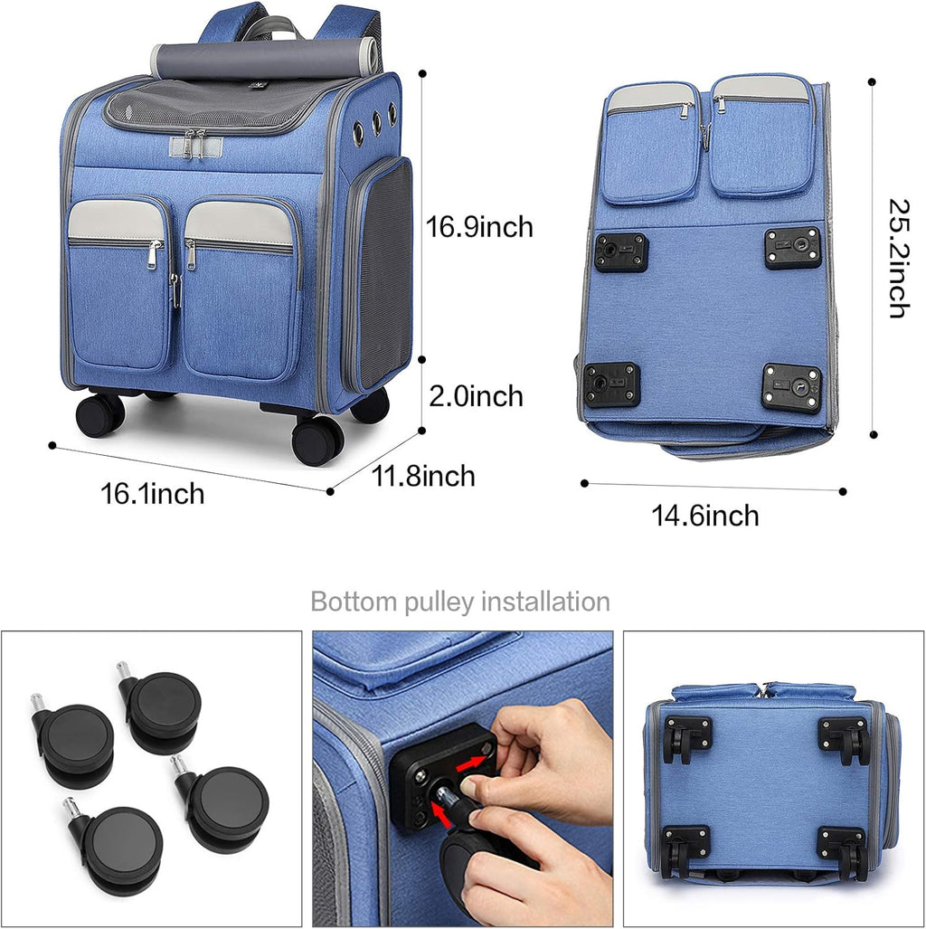 Wheeled Pet Carrier Backpack Pet Stroller, Travel Carrier, Car Seat for Small Dogs Cats Puppies, Comfort Cat Backpack Removable Rolling Wheels – Mesh Ventilation Windows (Large Blue)