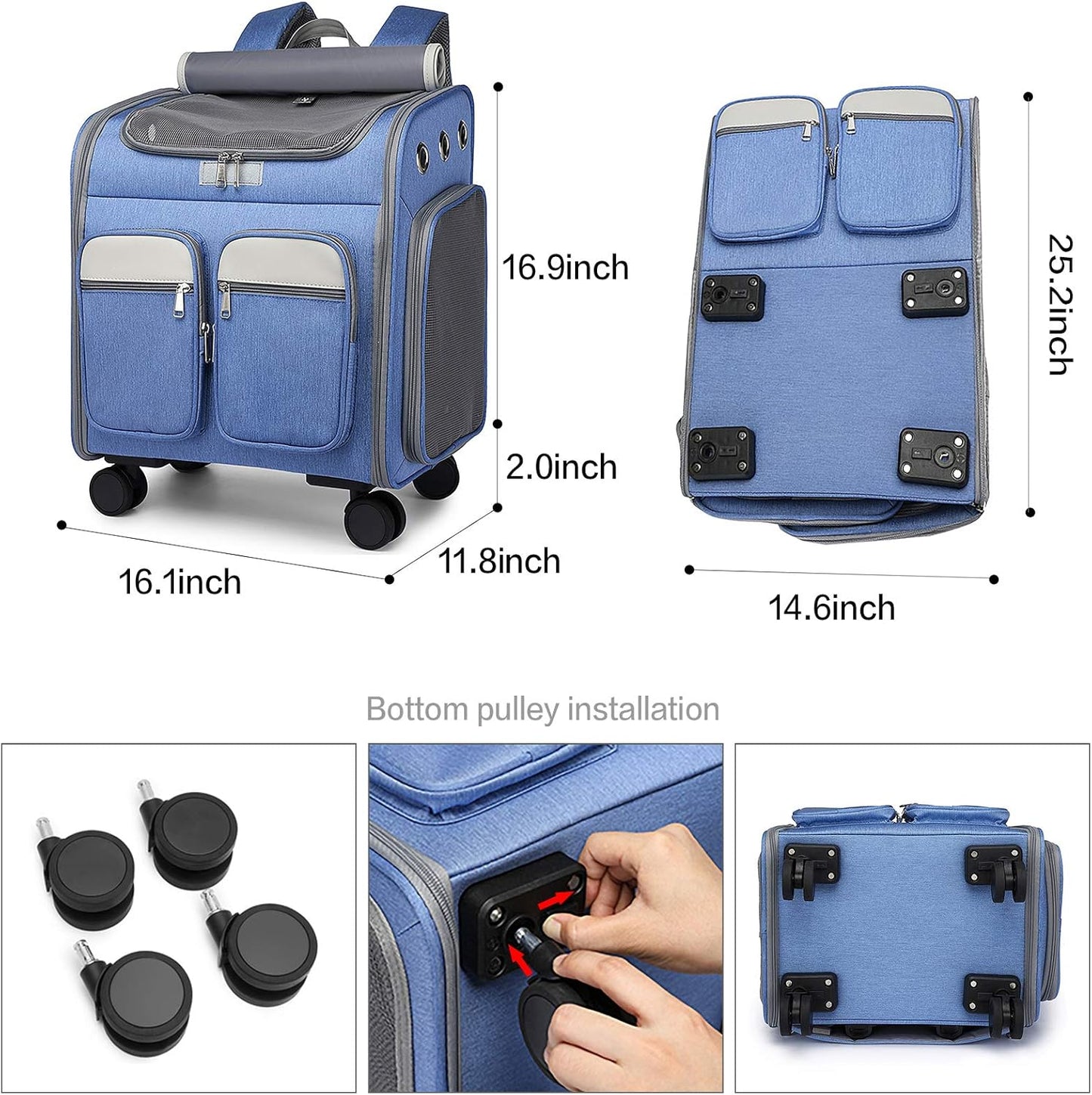 Wheeled Pet Carrier Backpack Pet Stroller, Travel Carrier, Car Seat for Small Dogs Cats Puppies, Comfort Cat Backpack Removable Rolling Wheels – Mesh Ventilation Windows (Large Blue)