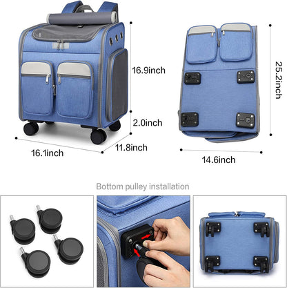 Wheeled Pet Carrier Backpack Pet Stroller, Travel Carrier, Car Seat for Small Dogs Cats Puppies, Comfort Cat Backpack Removable Rolling Wheels – Mesh Ventilation Windows (Large Blue)